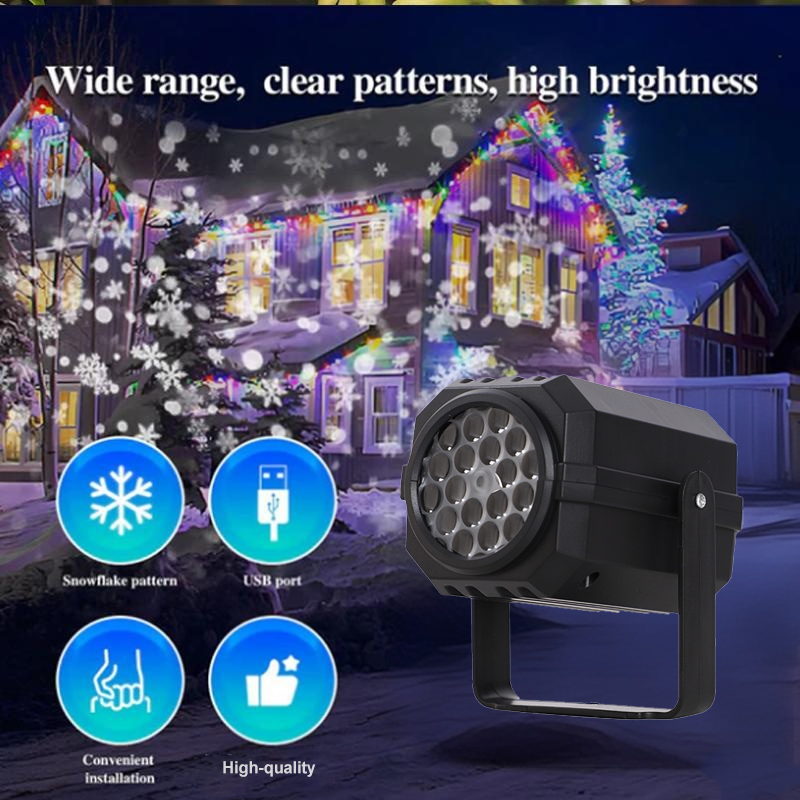 Rotating projector with LED lights creates a Christmas effect.