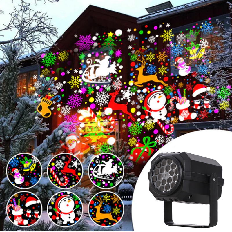 Rotating projector with LED lights creates a Christmas effect.